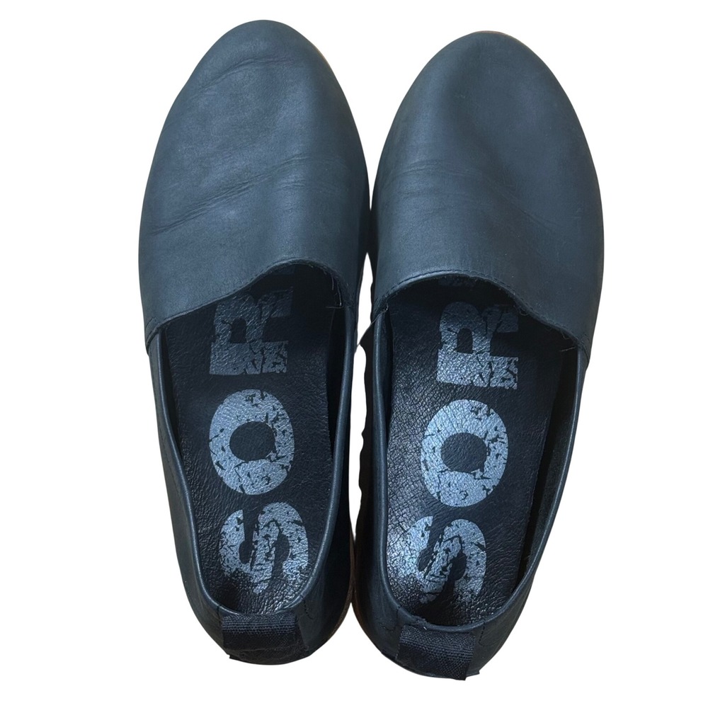 Sorel Ella Slip-On Black Leather Flats Womens Minimalist Shoes Round Toe EUC